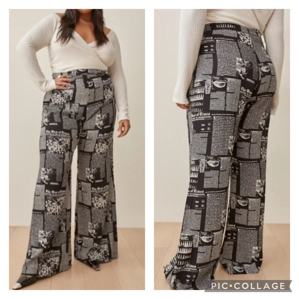 Reformation Black & White Newspaper Print Wide-Leg Pants